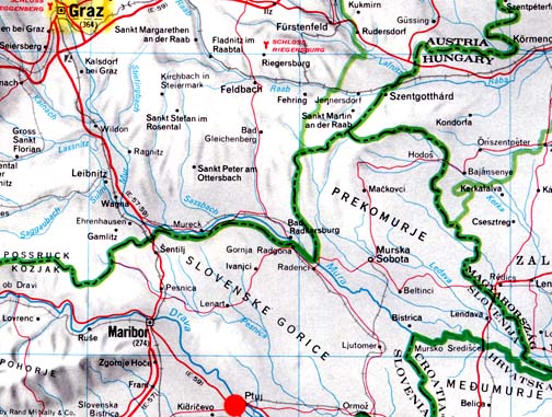 Ptuj, Slovenia, is marked by red circle, southeast of Graz Austria (yellow).