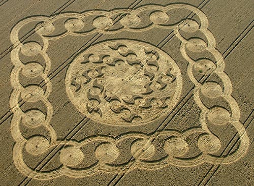   Large “Celtic rope” square spanning 300 feet, surrounding a central circle of eight curving blades created from “dots” of standing wheat, discovered Friday, August 8. Aerial photograph © 2003 by Nick Nicholson, cropcircleconnector.