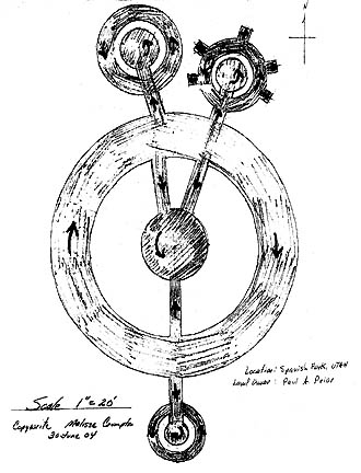 The directions in which the barley plants were laid down in the Spanish Fork pictogram are indicated by the black arrows. For example, the center circle was laid down counter-clockwise and the surrounding ring was laid down clockwise. Diagram © June 30, 2004 by Melissa Crumpton.