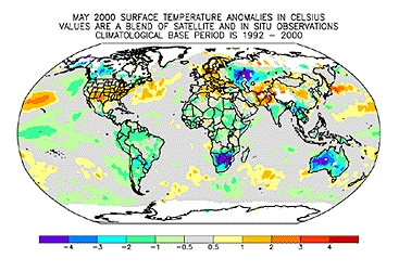 Yellow to orange colors of warm temperatures over two-thirds the United States in May 2000. Data from the June 16, 2000 National Climatic Data Center report, a division in the U. S. National Oceanic and Atmospheric Administration (NOAA). Temperature graphic courtesy NOAA.