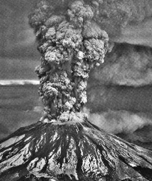Mt. St. Helens has averaged an eruption every 100 years or so. The last big one above was May 18, 1980. The current earthquake swarms could be building up to steam release. Image © 1980 by Austin Post.