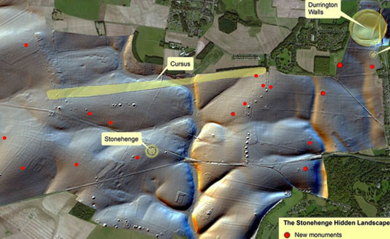 17 red dots above identify 17 “new monuments” that were found by deep ground penetrating radar, magnetometers and other high tech equipment at an average depth of about 2.5 feet. The long straight track known as the Cursus is 3 km long (1.87 miles) and about 150 feet wide, astronomically linked to Stonehenge that is 729 meters (2,392 feet) south of the Cursus. Additionally, the huge round, or C-shaped Durrington Walls carved into the limestone (upper right corner) is 500 meters (1,640 feet) across — with five times the circumference of Stonehenge. Map by Ludwig Boltzmann Institute, University of Birmingham, U. K.
