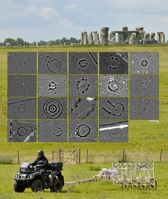 A magnetometer is wheeled across ground near Stonehenge. The grey-colored insets are examples of very ancient “monument footprints” about 2.5 feet below the ground surface.