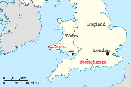 Preseli Hills in Wales are 150 miles (240 km) northwest of Stonehenge.