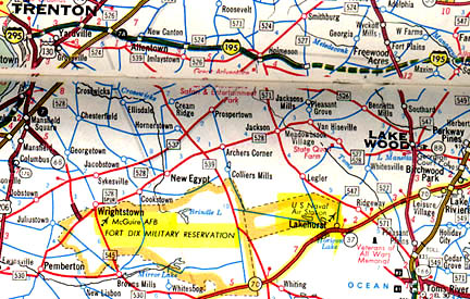McGuire AFB and Fort Dix Military Reservation near Wrightstown, New Jersey, are near the U. S. Naval Air Station in Lakehurst, New Jersey. The bases are about 45 miles east of Philadelphia, 50 miles south of New York City, 60 miles north of Atlantic City and 10 miles west of the Atlantic ocean. The Fort Dix / McGuire Air Force Base / Lakehurst Naval Air Station complex covers 42,000 acres. 