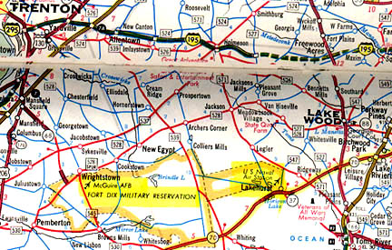 McGuire AFB and Fort Dix Military Reservation near Wrightstown, New Jersey, are near the U. S. Naval Air Station in Lakehurst, New Jersey. The bases are about 45 miles east of Philadelphia, 50 miles south of New York City, 60 miles north of Atlantic City and 10 miles west of the Atlantic ocean. The Fort Dix / McGuire Air Force Base / Lakehurst Naval Air Station complex covers 42,000 acres.