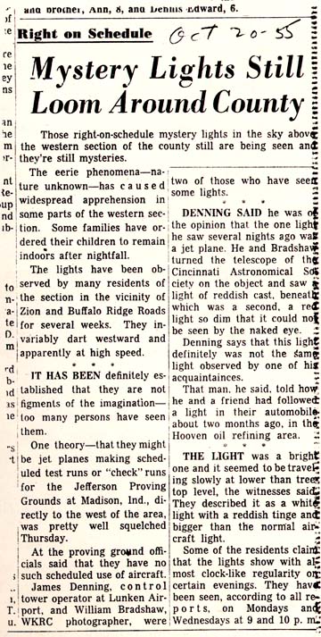 Cincinnati Times Star, October 20, 1955, describing UFO activity in Western Cincinnati that concerned the U. S. Air Force.
