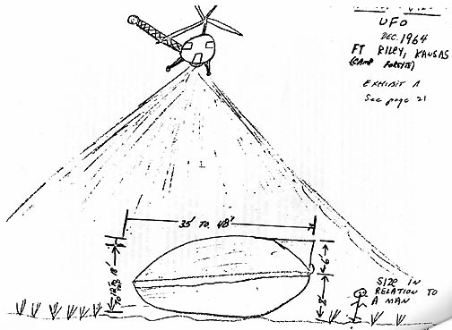 On June 18, 1978, AK drew for Leonard Stringfield the front view above and the rear view below of the Huey helicopter hovering over the "hamburger-shaped" UFO at Ft. Riley's Camp Forsyte, Kansas, in December 1964. 