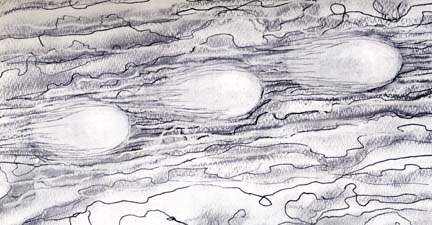 Stringfield: "Sketch, from memory, of three unidentified 'blobs' of light seen from imperiled C-46 while flying from Ie Shima to Iwo Jima, south of Japan, on August 28, 1945. While this sighting is inconclusive, I have classified it along with other unexplained 'foo fighter' phenomena seen by airmen during World War II."  Sketch © 1957 by Leonard H. Stringfield.