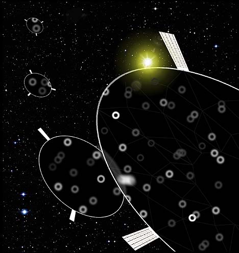 Graphic illustration of thin, 2-foot-diameter, transparent inscribed discs with small solar panels that could be launched by the trillions to form a large "cloud" between the sun and Earth in order to cool this planet in the grip of global warming. The little rings in the discs represent light from background stars that is blurred into the deflected ring shapes as an analogy for how a small percentage of the Sun's light could be deflected from reaching Earth. The goal: to keep the world's global temperature cooler. Illustration by University of Arizona Steward Observatory.