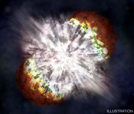 Illustration of SN 2006gy supernova in the constellation Perseus about 238,000,000 light-years from Earth. Illustration courtesy NASA/CXC/M.Weiss.
