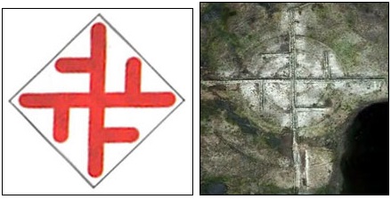 Ancient Slavic symbol of eternity and constant cycle between Life and Death (left) does match the desert patterns (right) discovered on Google Earth east and northeast of Roswell, New Mexico. Source: Slavorum.org.