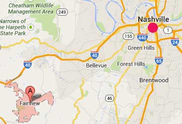 Fairview, Tennessee (Google marker) is about 20 miles southwest of Nashville.