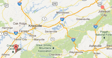 Gray, Tennessee (upper right red circle), is 21 miles northwest of Johnson City. Madisonville, Tennessee (lower left red map marker) - where wheat formations occurred in 2007 and 2011- is 3.5 hours southwest of Gray, or about 200 miles.