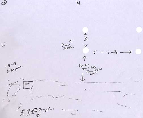 Selden, Texas, hillside and campfire at 6:12 PM on January 8, 2008. Eyewitnesses of four bright lights in mile-long by 1/2-mile wide rectangle pattern were Steve Allen, Mike Odam and Lance Jones. All sketches © 2008 for Earthfiles by Steve Allen.