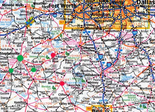 A triangle of three small towns (green circles) southwest of Fort Worth begins with Stephenville, a city in and the county seat of Erath County, Texas, population 14,921 in 2000 census.  Then Dublin about eight miles southwest has a population of 3,754. Straight east of Dublin about ten miles is Selden with a full time population of about seven. Further east are Glen Rose and Meridian (red circles) referenced in first updated email below.