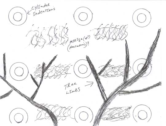 Ricky Sorrells drew for Earthfiles his perspective looking up through the trees on his property at a “tin barn grey” metal emitting “mirage heat waves” and embedded with cone-shaped holes he thought were equally separated by forty feet over the entire surface of the aerial craft above him. Ricky judged that the aerial craft was 300 feet above him and the trees. He also estimated the surface diameter of the cones was about six feet, tapering another six to eight feet down into a cone-shaped hole that ended in a three-foot-diameter circle. Below is a drawing focused on one of the cone-shaped holes. Drawings © 2008 by Ricky Sorrells for Earthfiles.com.