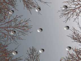 Computer illustration of Ricky Sorrells' perspective on January 1, 2008, looking up through the trees on his Dublin, Texas, property at a “tin barn grey” metal emitting “mirage heat waves” and embedded with cone-shaped holes he thought were equally separated by forty feet over the entire surface of the gigantic aerial craft above him. Graphic © 2008 by Gregory Watters for Earthfiles.com.