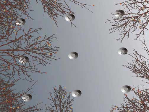 On New Year's Day 2008, Ricky Sorrells saw the sunset sky replaced by a "barn tin grey" and flat metal embedded with cone-shaped holes as far as he could see - "at least three football field lengths (1,000 feet)." Each cone-shaped hole was separated from the others by an estimated 40 feet; each cone-shaped hole was about 6 feet in diameter and 6 to 8 feet deep. Computer illustration based on Ricky Sorrells' sketches © 2008 by Gregory Watters for Earthfiles.