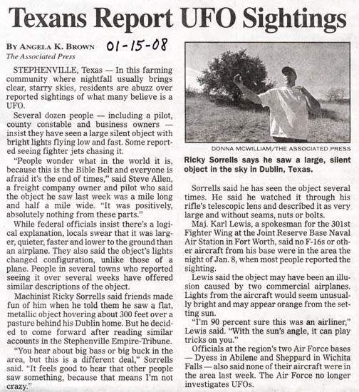 Associated Press picked up Angelia Joiner's story from the Stephenville Empire-Tribune on January 15, 2008, featuring a photograph of Ricky Sorrells at his Dublin, Texas, residence.