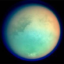 Titan, Saturn's largest moon, and second largest moon in solar system, after Earth's moon. 3200 miles in diameter. Image by Cassini-Huygens/NASA JPL. 