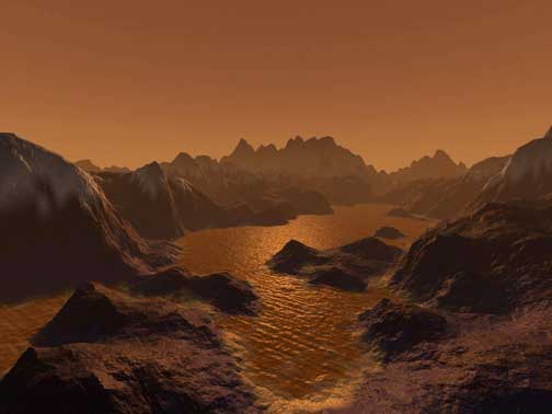 Artist's illustration of hydrocarbon pools, icy and rocky terrain on the surface of Saturn's largest moon Titan. Image credit: Steven Hobbs, Australia.
