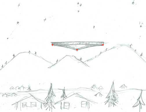 Wane: “There was this very large, dark triangular craft going overhead  with three (reddish-orange) lights on it. That's where this (metallic scraping) sound was coming from!" Wane's sketch of aerial triangle August 2009, Kamiah, Idaho.