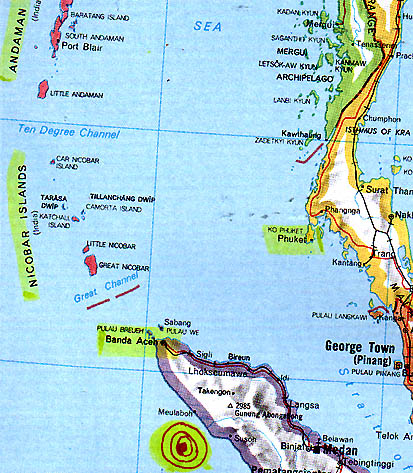 Red bullseye south of Meulaboh and Banda Aceh, island of Sumatra, Indonesia, indicates 9.0 Richter Scale earthquake's epicenter at 8 a.m. Sumatra time on December 26, 2004. The tsunami of a trillion cubic meters of water swamped beaches, including Phuket and the Nicobar and Andaman Islands northwest of Banda Aceh. Yet animals and natives on those nearby islands apparently got to higher ground to survive. 