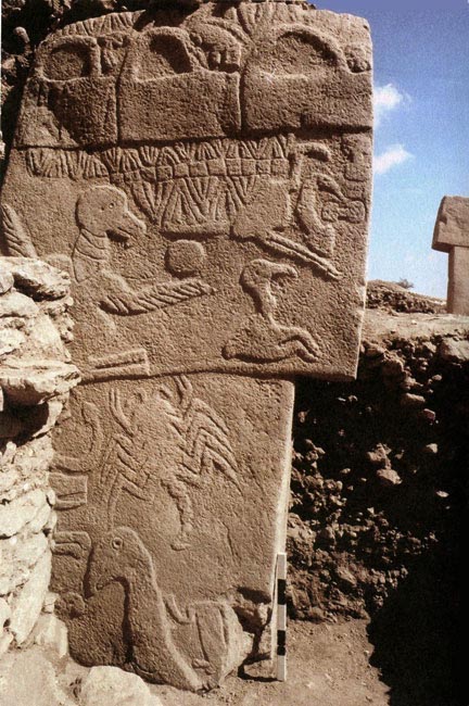 12,000-year-old carved limestone pillar of layered symbols at Gobekli Tepe excavation. Photo by Klaus Schmidt, Ph.D.