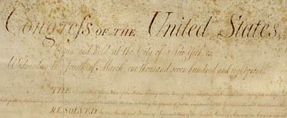 Photograph of original 1791 U. S. Constitution's Bill of Rights on permanent display in the National Archives Building, Washington, D. C. 