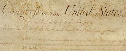 Photograph of original 1791 U. S. Constitution's Bill of Rights on permanent display in the National Archives Building, Washington, D. C.
