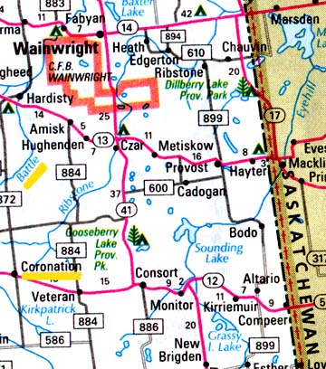 Coronation, Alberta, Canada, underlined in yellow. Battle River, north of Coronation, is also underlined by yellow. Outlined in red is the Canadian Forces Base Wainwright (C. F. B. Wainwright). The base has a 620 square kilometer training range used for live-fire artillery and armor and infantry exercises.
