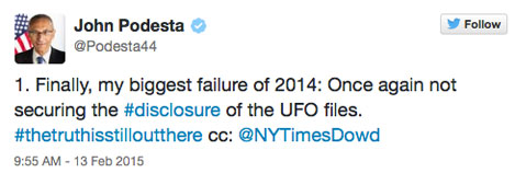 The above February 13, 2015, tweet echoes a Podesta 2002 press conference organized by the Coalition for Freedom of Information when Podesta said: “It’s time to find out what the truth really is that’s out there. We ought to do it, really, because it’s right. We ought to do it, quite frankly, because the American people can handle the truth. And we ought to do it because it’s the law.”