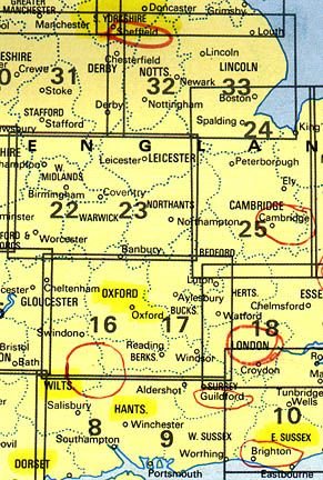 South Yorkshire County, Oxfordshire County, Wiltshire County, Hampshire County (Hants), Dorset County and East Sussex County are highlighted in yellow where crop formations have emerged so far by May 20, 2005. The red circles relate to crop events in previous years.