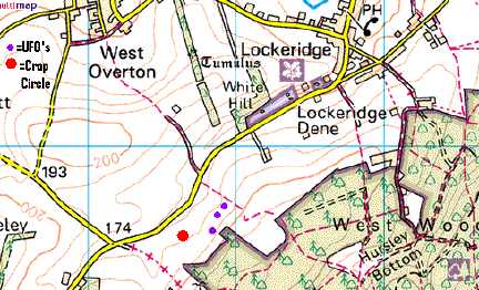 Red dot is where Boreham Down crop formation was reported on Wednesday, June 22; the three purple dots represent the three objects where Mike Booth saw them in the wheat field. He stopped his bike on the yellow colored road nearest the first two white objects. Even if the crop pattern had been in the field on Tuesday evening, he would not have been able to see it because of the hill and vale nature of the land. Map © 2005 by Mike Booth.