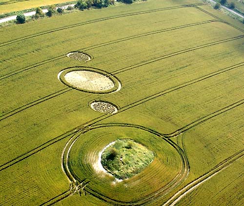 Charlbury, Wiltshire, formation of nearly two hundred "wheat bundles" in two of the three circles lined up with the Charlbury ancient mound was discovered from the air on July 11, 2006. The pattern was located near the Ridgeway between Liddington Castle and Uffington White Horse. Images above and below © 2006 by Cropcircleconnector.com. 