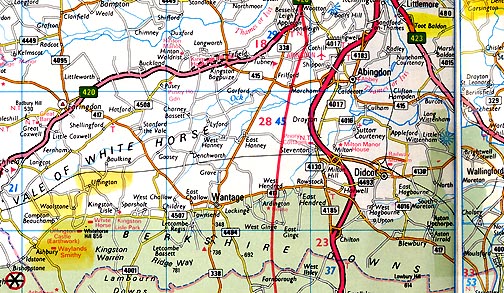 Charlbury, Wiltshire (red circled star in lower left southwest of Wayland's Smithy), and Toot Baldon and Garsington, Oxfordshire (upper right corner). The Vale of the Uffington White Horse extends north of Charlbury toward Garsington.