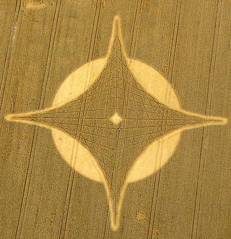 "Lamat" formation in wheat at Etchilhampton Hill, near Devizes, Wiltshire, England, reported on August 15, 2006. Estimated diameter is about 300 feet. Aerial image © 2006 by Cropcircleconnector.com.