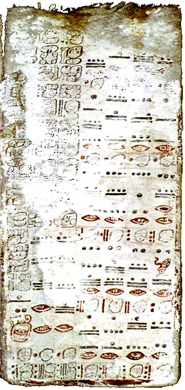 Dresden Codex Folio 24. The Lamat star symbol (Venus) is in the fourth pair of symbols from the top of this scorched page from the Dresden Codex. Directly to the right is a large dot for the number one. Source: Sachsische Landesbibliothek Dresden, Germany.