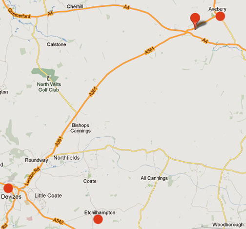 The upper right map pointer is highlighting Knoll Down, Wiltshire, England, not far from the ancient stone circles of Avebury and Europe's tallest manmade mound,  Silbury Hill. Southwest by about 12 miles as the crow flies is Etchilhampton Hill (bottom red circle).