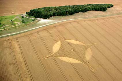 Near the forested hilltop of Etchilhampton Hill, Wiltshire, England, the wheat formation was reported on August 15, 2006. Aerial photograph © 2006 by Jaime Maussan.