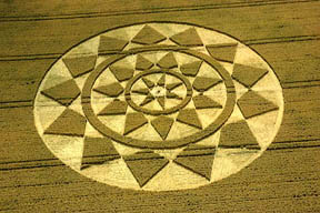 Thirteen outer triangles, eleven in the next ring and seven in the inner circle reported on July 25, 2004, at Etchilhampton Hill near Devizes, Wiltshire. Aerial photograph © 2004 by Steve Alexander.