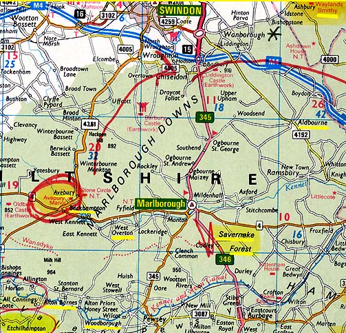 Etchilhampton Hill is in the far left corner of the map. In the far upper right is Wayland's Smithy where the great Mayan calendar wheat formations were discovered in August 2005. See: Earthfiles090205.