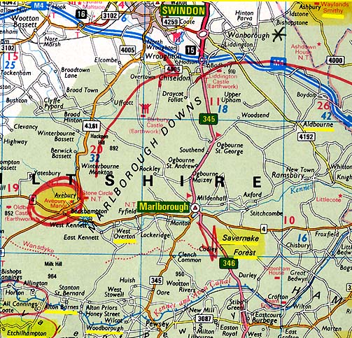 Etchilhampton, Wiltshire, is in the lower left corner southwest of Avebury. Wayland's Smithy is in the upper right corner of Oxfordshire County near Blowingstone Hill and Uffington Castle. Some other 2006 crop formation locations are highlighted in yellow.
