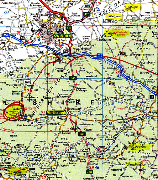 On August 9, 2005, three crop formations were reported in three Wiltshire County sites. Each is marked in yellow, along with the Avebury sacred stone circle at the heart of crop formation country. Northeast of Avebury is Waylands Smithy megalithic site near Ashbury and Uffington Castle, Wiltshire; southeast is Shalbourne; and straight south of Avebury is Marden. 