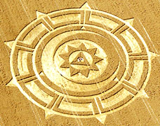 9-fold geometry in wheat field reported August 4, 2007, below Pewsey White Horse, Pewsey, Wiltshire, England. Aerial image © 2007 by John Montgomery. Also see: Cropcircleconnector.com.