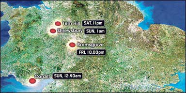 Saturday, June 7, 2008, at 11 PM, Tern Hill barracks near Market Drayton, Shropshire, where thirteen spinning cubes or cylinders were taped on cell phone by military; Sunday, June 8, 2008, at 12:40 AM, police helicopter nearly collides with disc-shaped craft near Cardiff, Wales; Sunday, June 8, 2008, at 1 AM in Shrewsbury, a couple said they were followed by a strange light in the sky along the A5; Friday, June 20, in Bromsgrove, Worcestershire, 29-year-old Bonnie Lewis videotaped seven spinning, cylinder-shaped aerial objects on her cell phone. Map © 2008 by The Sun.