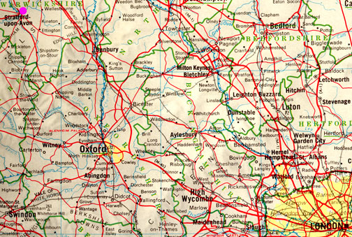 Stratford-upon-Avon, Warwickshire, England, (upper left corner) is 102 miles northwest of London.
