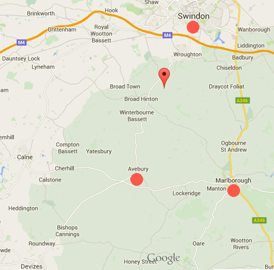 Uffcott is marked by Google pointer about 5 miles southwest of Swindon, Wiltshire, England. At the center of the map is the ancient double stone circles of Avebury and nearby Silbury Hill.