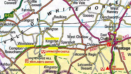 In the county of Oxfordshire, England, formations were reported at Wayland's Smithy and Uffington Castle on the same day of July 8, 2006. Then a month later on August 6, 2006, a third formation was reported at Blowingstone Hill in Kingston Lisle, northeast of Uffington Castle.